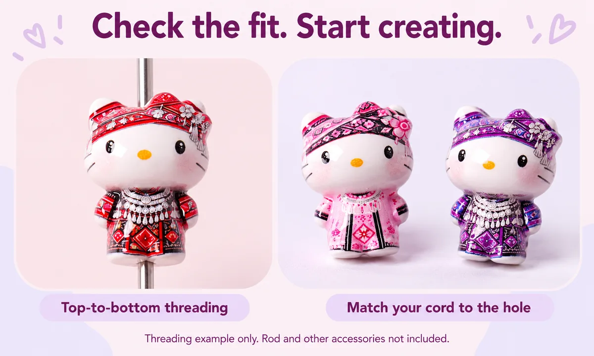 Top-to-bottom threading example for printed cat acrylic beads; check cord fit before use