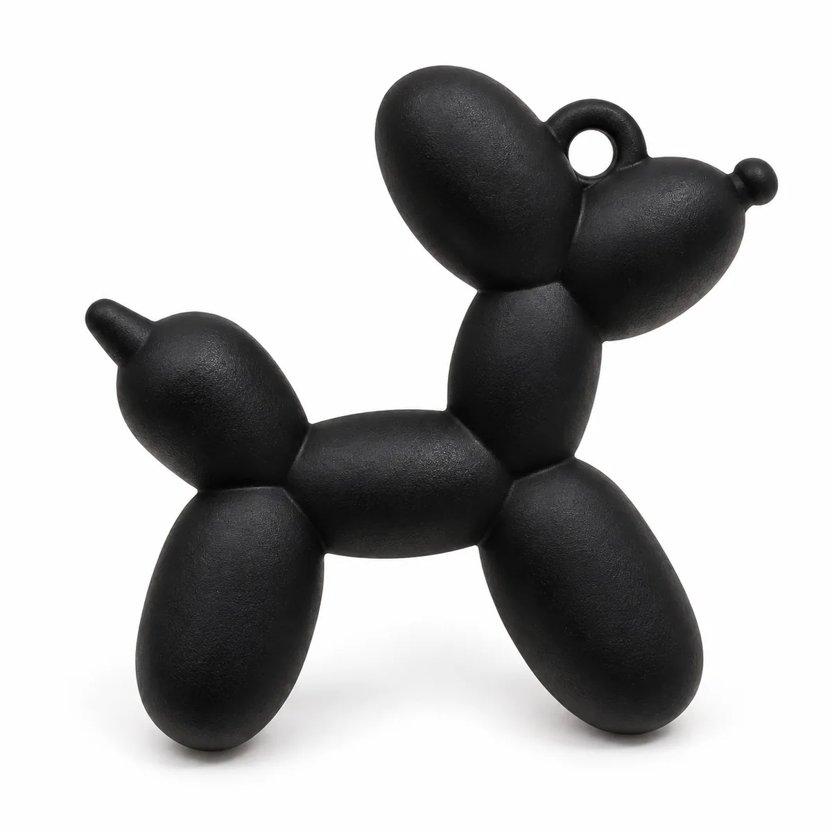 Black matte acrylic balloon-dog charm with molded hanging loop