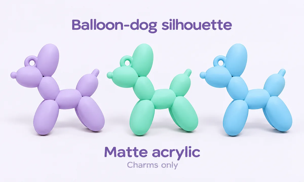 Charms de globos de acrílico en color morado, menta y azul cielo que muestran su acabado mate