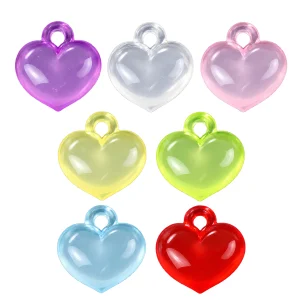 Seven representative colors of transparent acrylic heart charms with hanging loops