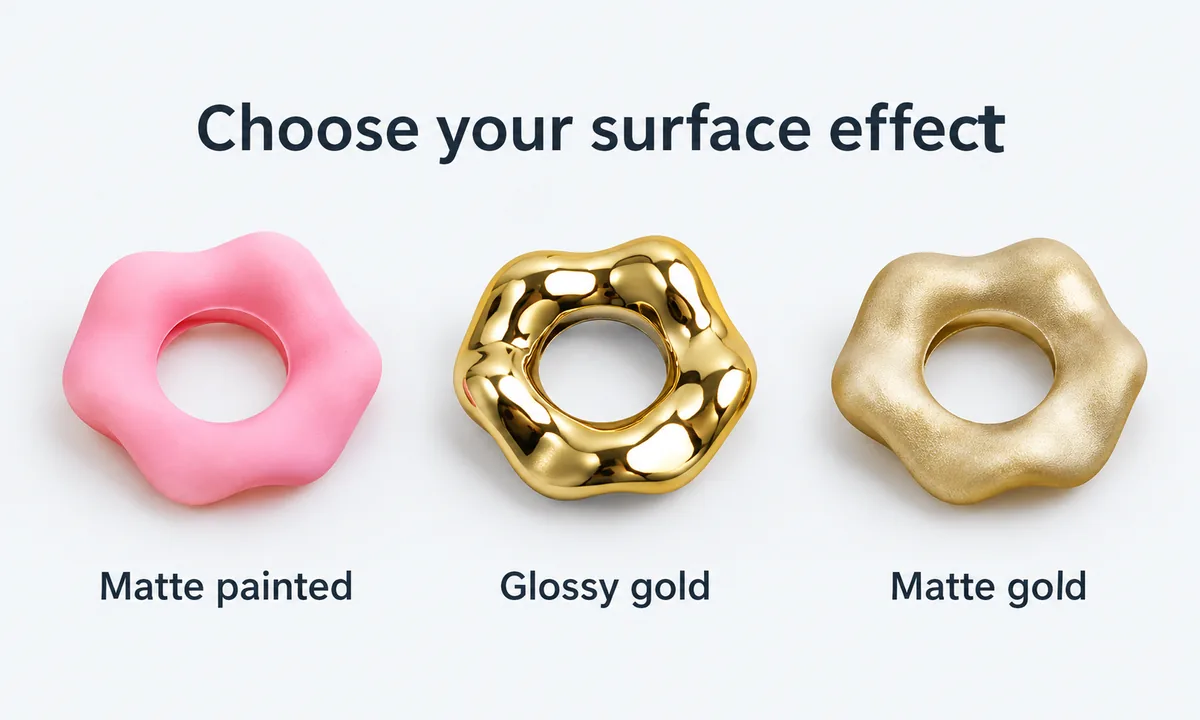 Vergleich der Ringperlen-Stile aus matt lackiertem, glänzendem Gold und mattgoldenem Acryl