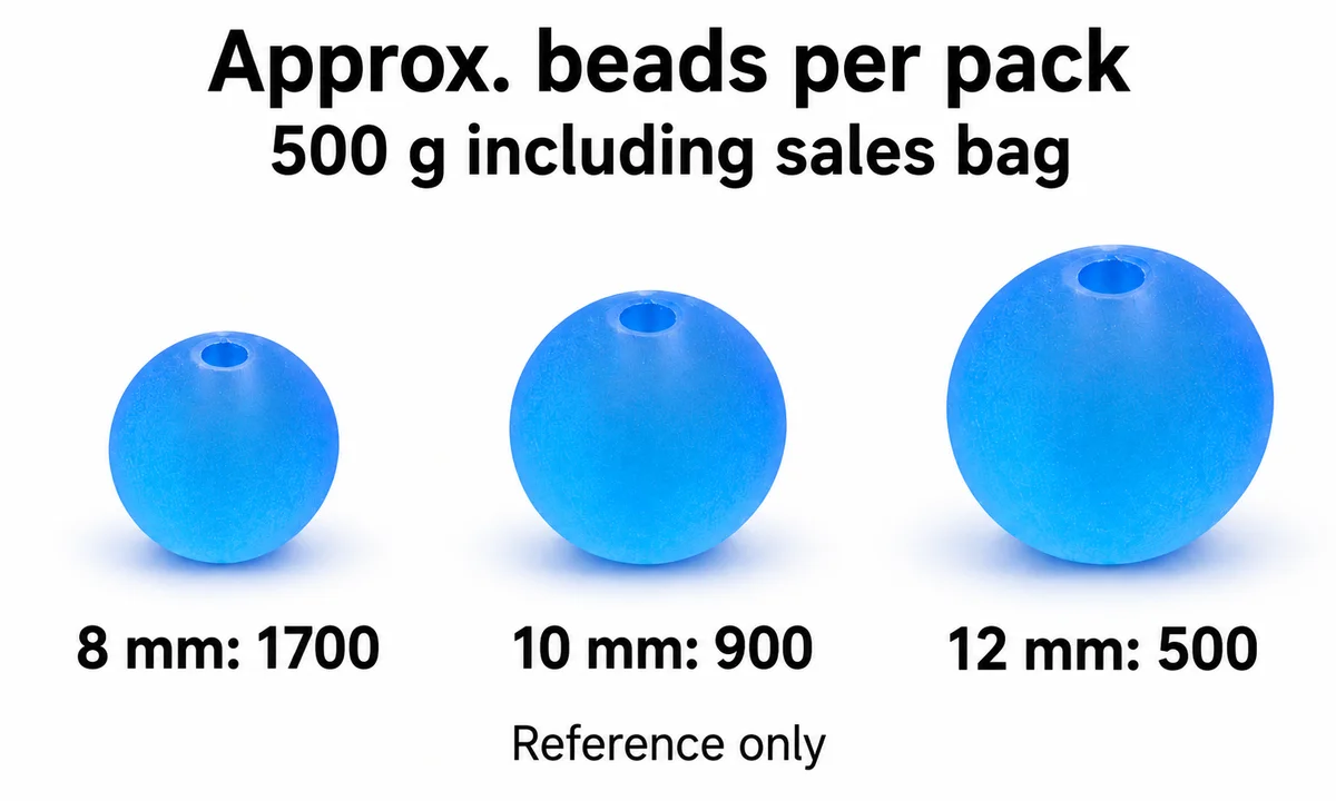 Approximate counts per 500 g pack: 8 mm 1700, 10 mm 900 and 12 mm 500; reference only