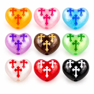 Cross-Print Pearlescent Acrylic Heart Beads representative assortment
