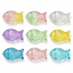 Nine glitter glass fish bead color options in a three by three arrangement