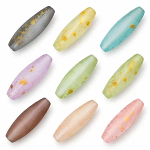 Nine frosted spindle glass bead color options on white