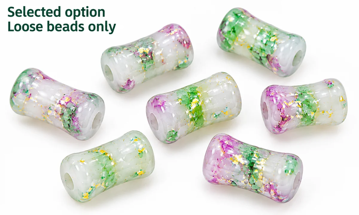 Green and purple glass tube beads showing variation within one selected option