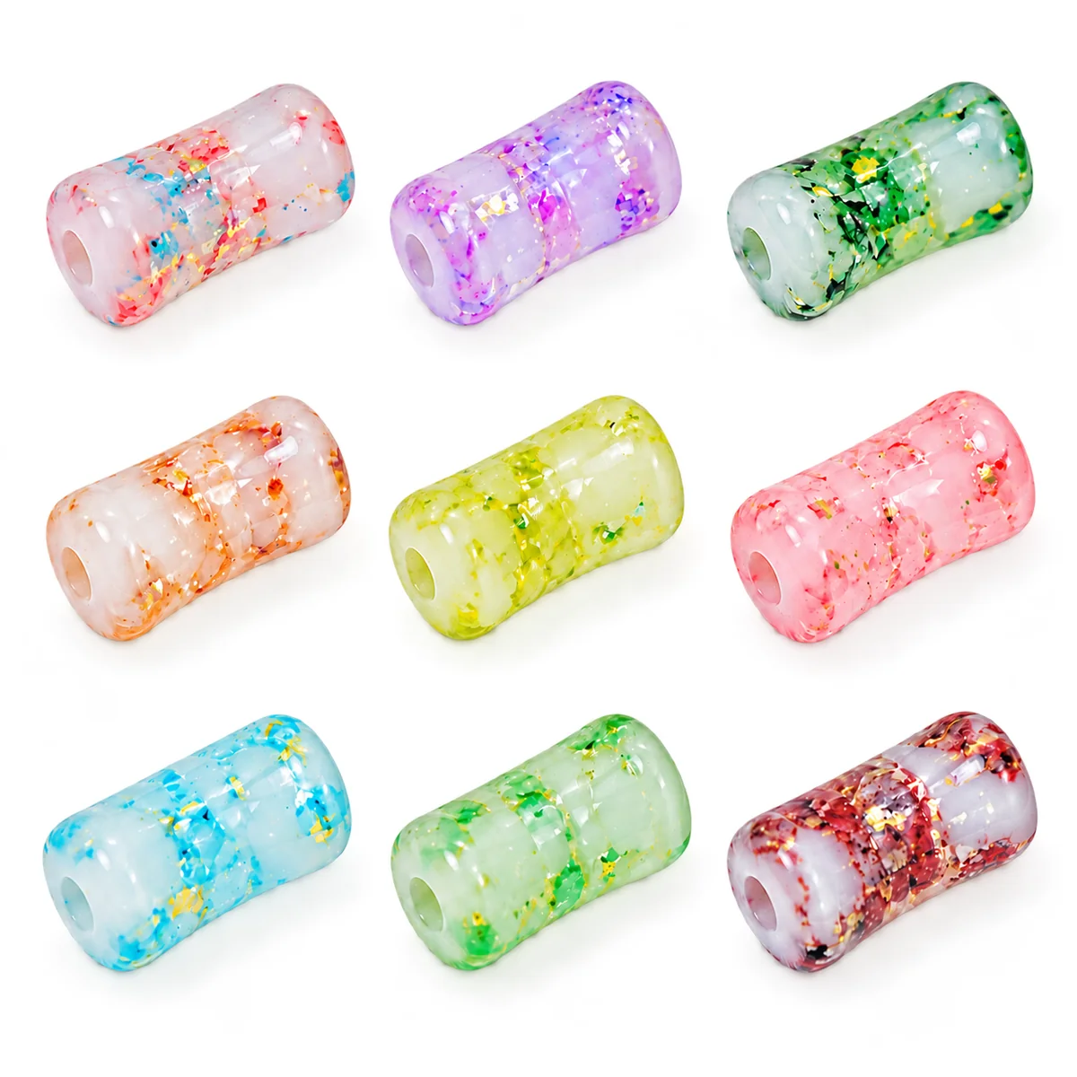 Nine photographed color options for short glass tube beads