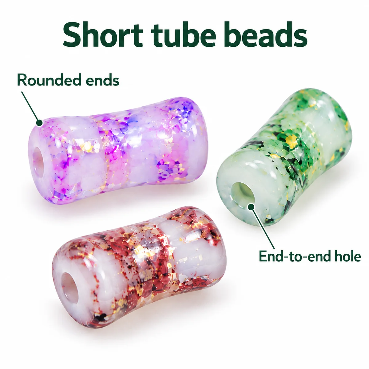 Short glass tube beads with rounded ends and visible end holes