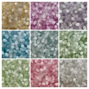 Actual photographed color and shape reference for short rounded cat-eye glass teardrop beads
