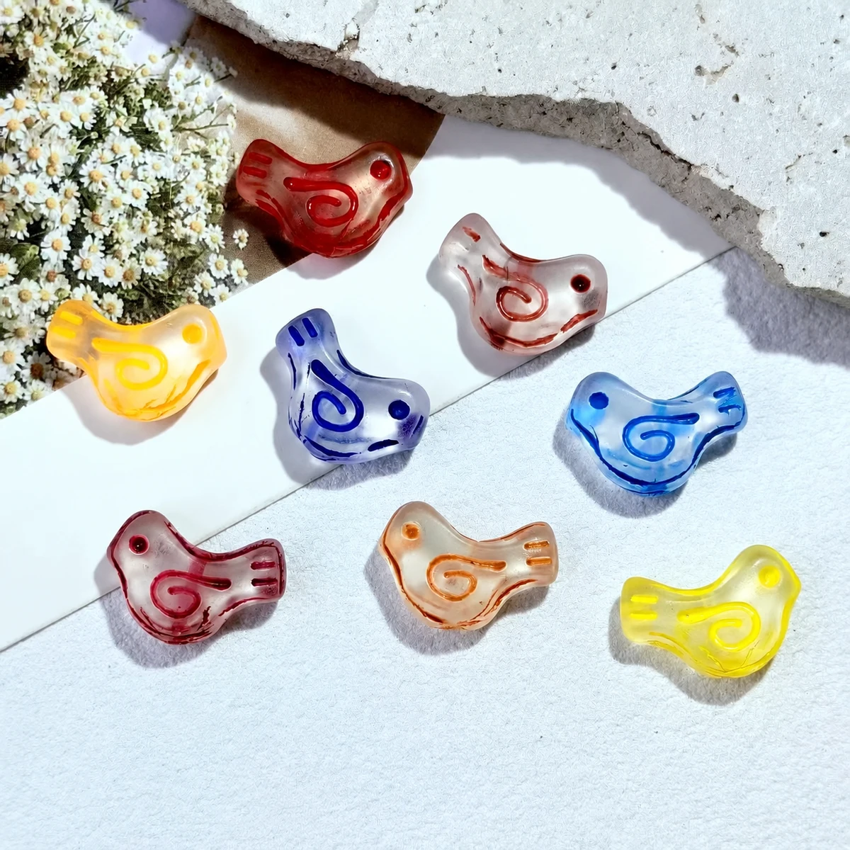 Mixed Colors translucent glass bird beads with colored spiral details