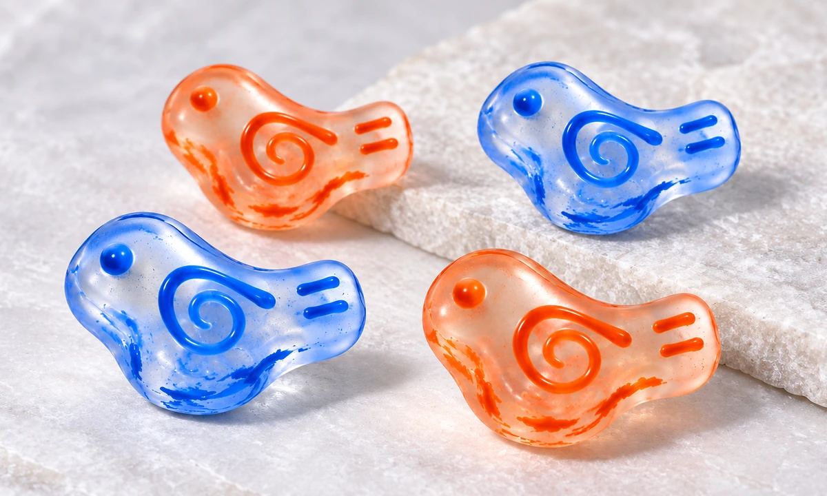 Close views of translucent bird beads with colored spiral-wing details