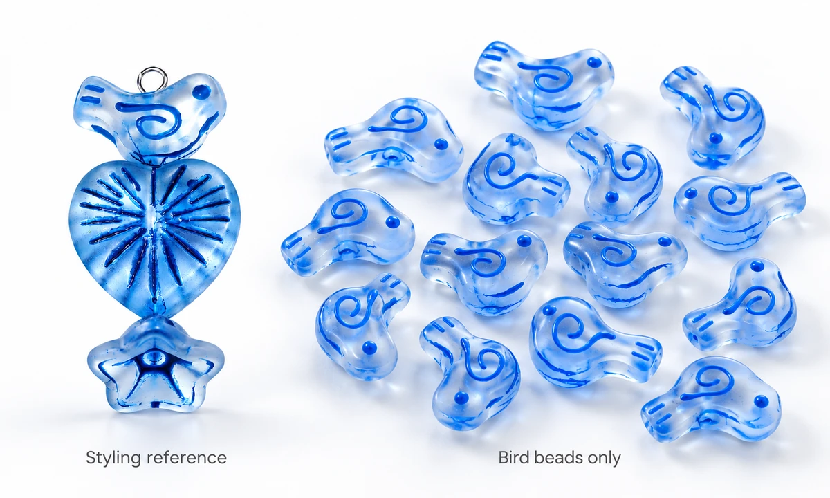 Blue bird bead styled with heart and flower beads and metal findings