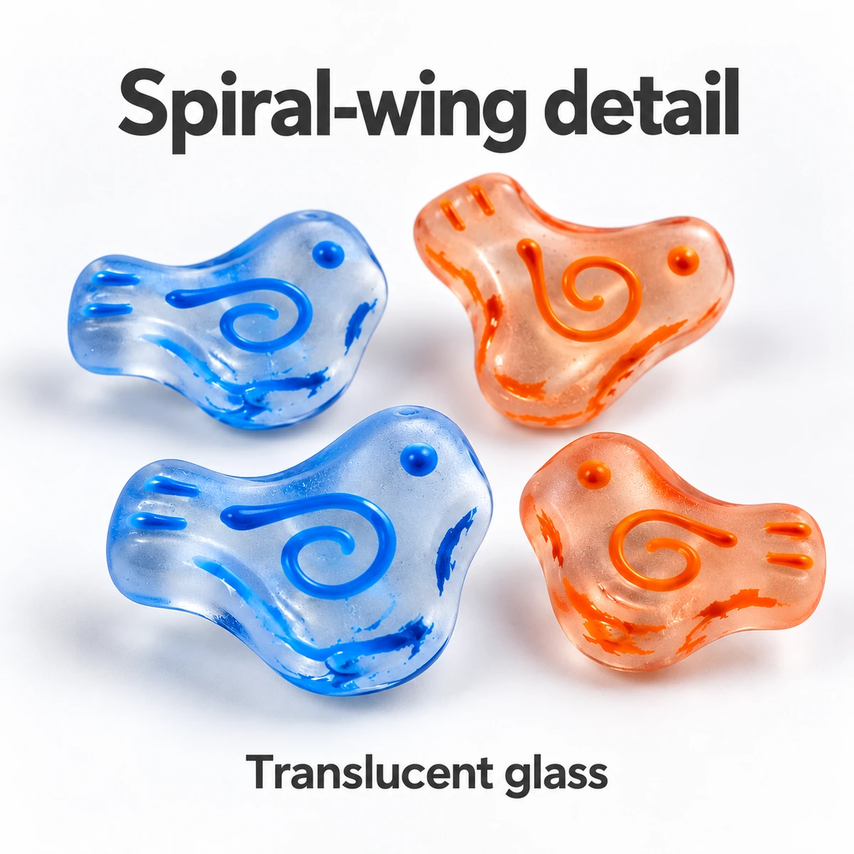 Blue and orange glass bird beads showing spiral-wing details