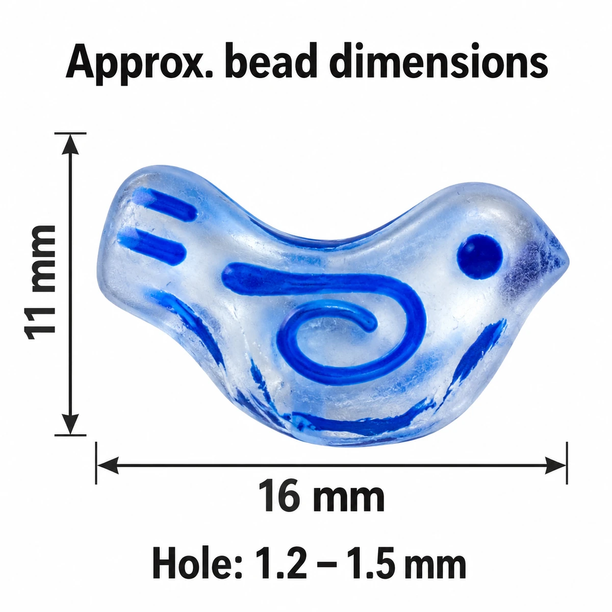 Bird bead dimensions: approximately 16 mm wide and 11 mm high, hole 1.2–1.5 mm