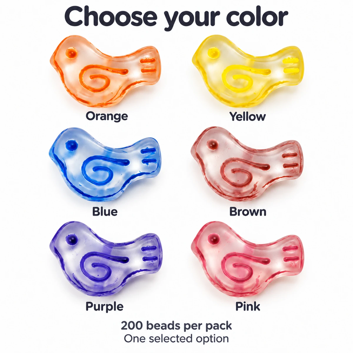 Six single-color options for glass bird beads; 200 beads per selected pack