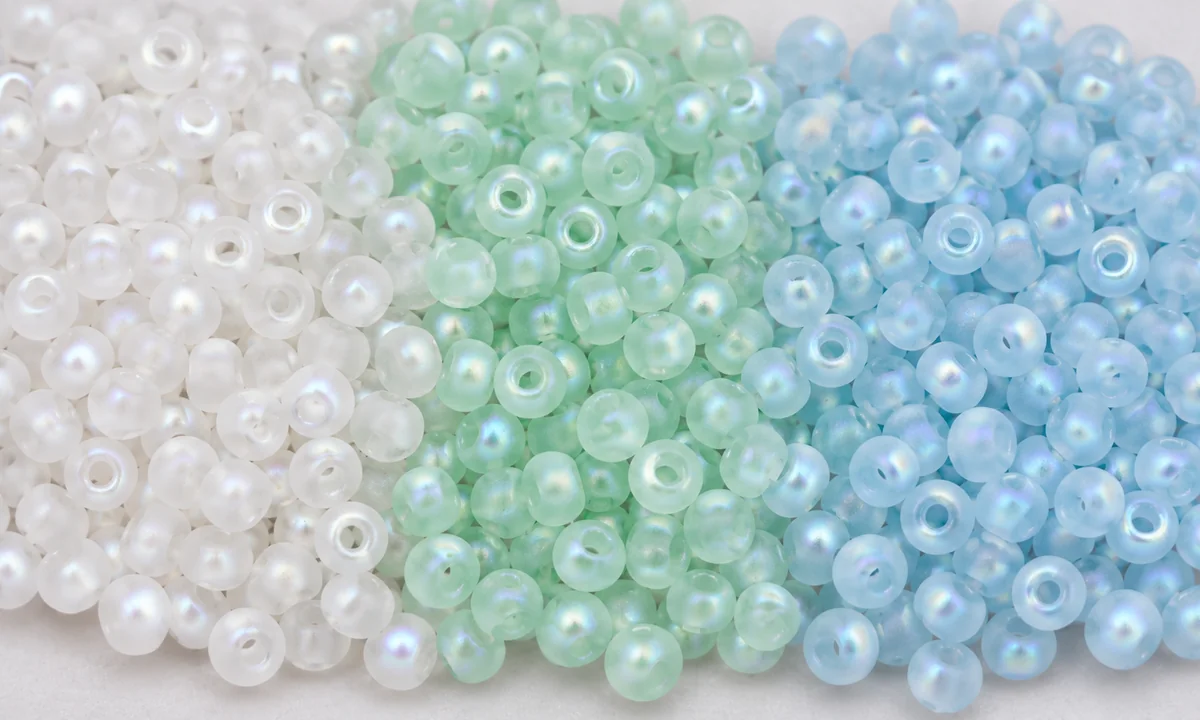 Frosted white, mint green and sky blue glass round beads with iridescent highlights