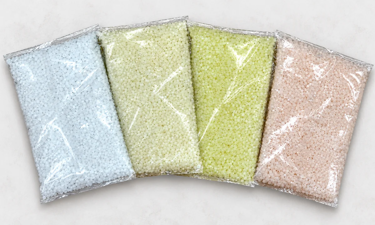 Actual bags of frosted iridescent round beads in separately sold color options
