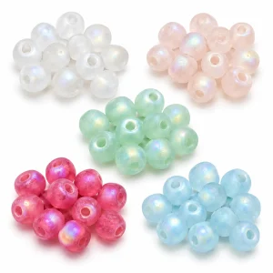 Representative white, blush pink, mint green, hot pink and sky blue frosted iridescent round glass beads