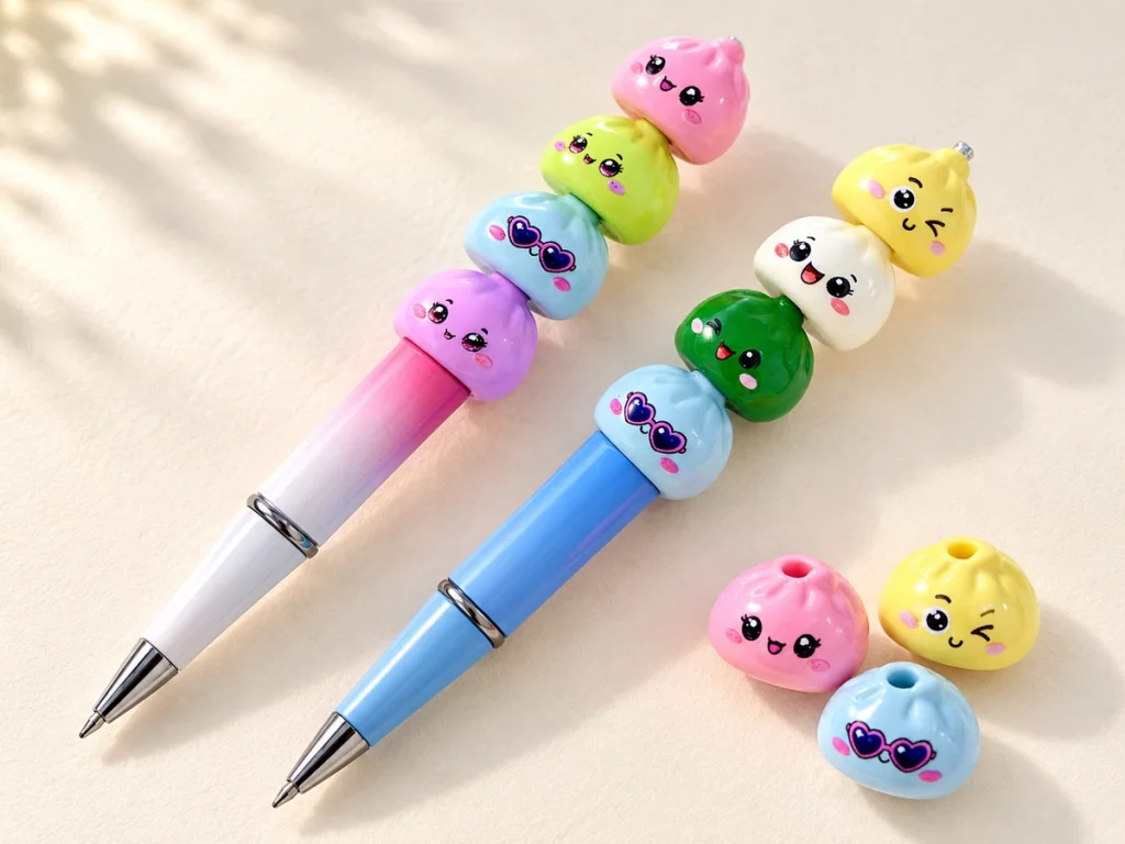 Pink and blue beadable pens with colorful smiling dumpling beads