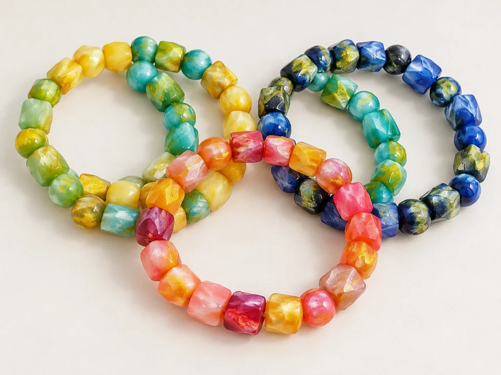 Colorful gold-streaked faceted bead bracelets