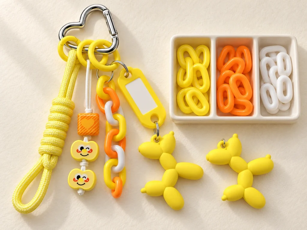 Yellow bag charm with coordinating links and balloon dog components